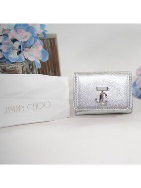 Jimmy Choo Silver Leather Trifold Compact Wallet NWT